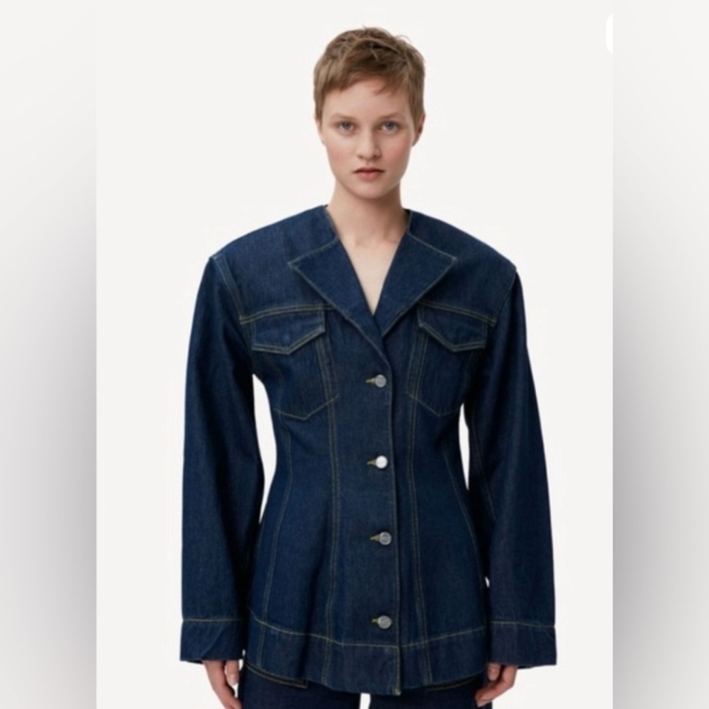 Ganni Dark Blue Denim Blazer with Accented Shoulders Sz 32 / 0